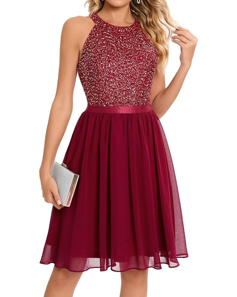 Sequin Halter Prom Dress for Women Party Night Elegant Wedding Bridesmaid Dresses Burgundy $24.36 Dresses