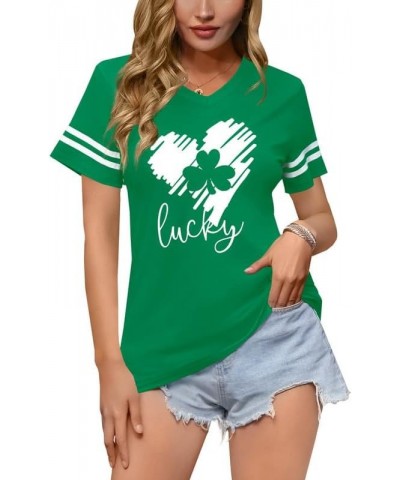 St Patricks Day Women V-Neck Short Sleeve Summer T-Shirt Shamrock Heart $12.30 T-Shirts