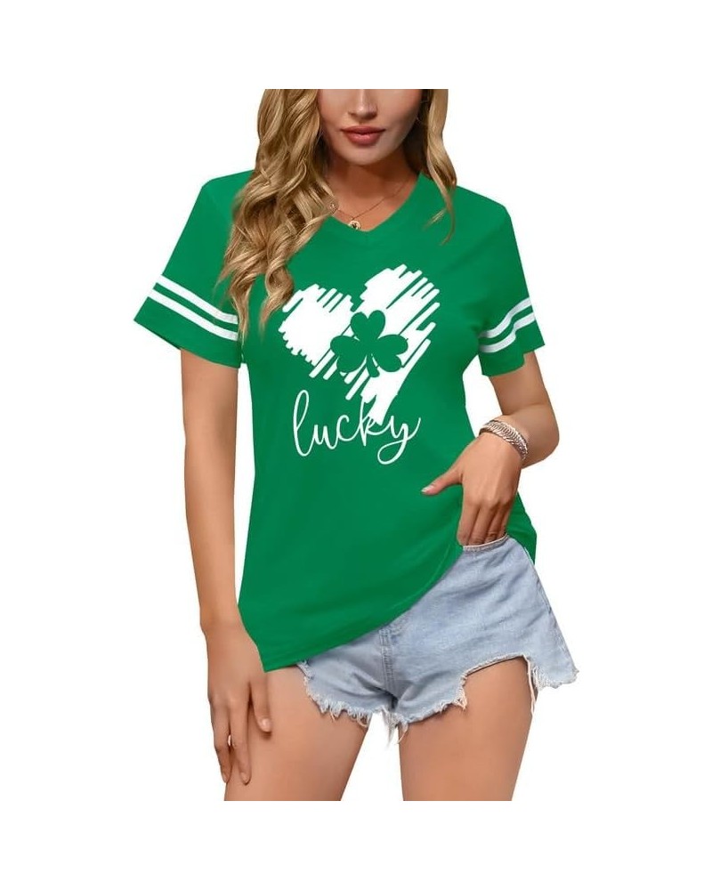 St Patricks Day Women V-Neck Short Sleeve Summer T-Shirt Shamrock Heart $12.30 T-Shirts