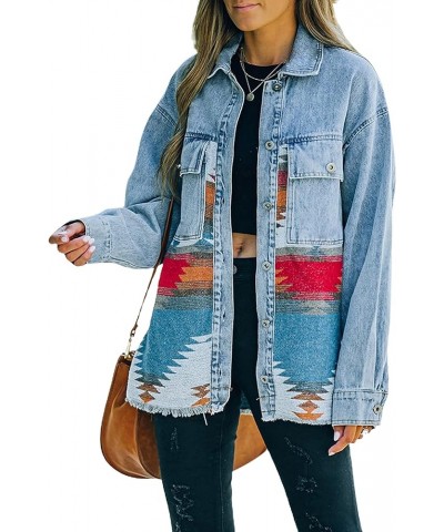 Womens Aztec Print Shacket Vintage Fringed Wool Blend Shirt Jacket Coat Blue $18.00 Coats