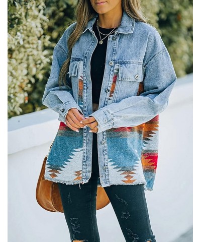 Womens Aztec Print Shacket Vintage Fringed Wool Blend Shirt Jacket Coat Blue $18.00 Coats