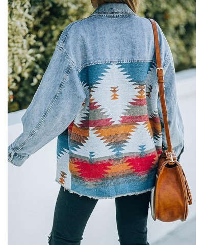 Womens Aztec Print Shacket Vintage Fringed Wool Blend Shirt Jacket Coat Blue $18.00 Coats