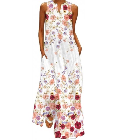 Women Summer Casual Sleeveless Print V Neck Maxi Loose Dress Boho Beach Long Sundress with Pockets Womens Dresses A1-pink $6....