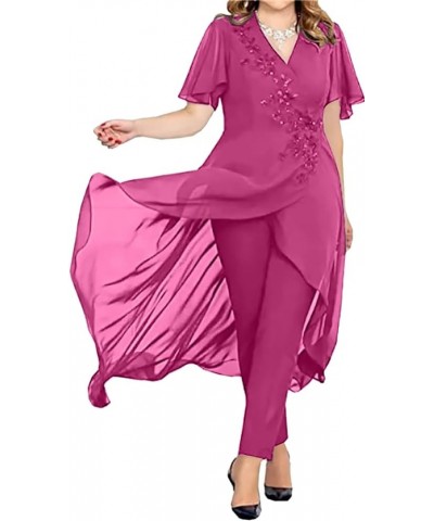 Chiffon 2 Pieces Mother of The Bride Pant Suits for Wedding Lace Mother of The Bride Dresses for Wedding Fuchsia $27.36 Suits