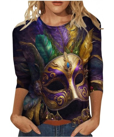 Mardi Gras Outfit Women's Carnival Glitter Print 3/4 Sleeve Crew Neck Top Trendy Tops for Women 2024 Z1-brown $8.28 Activewear