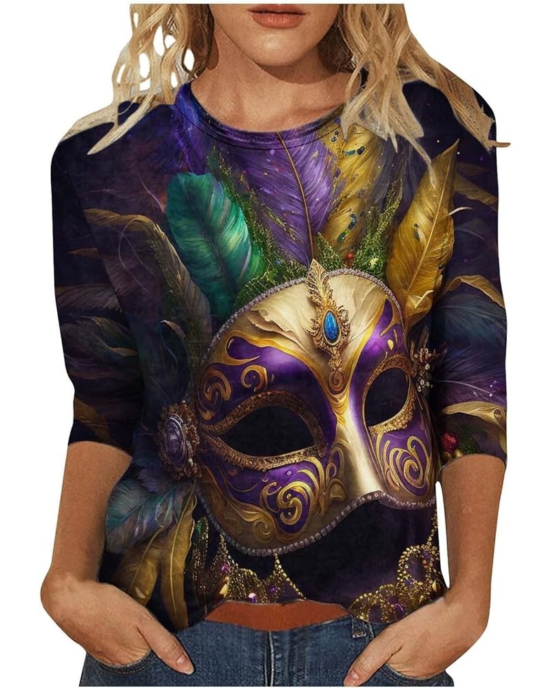 Mardi Gras Outfit Women's Carnival Glitter Print 3/4 Sleeve Crew Neck Top Trendy Tops for Women 2024 Z1-brown $8.28 Activewear