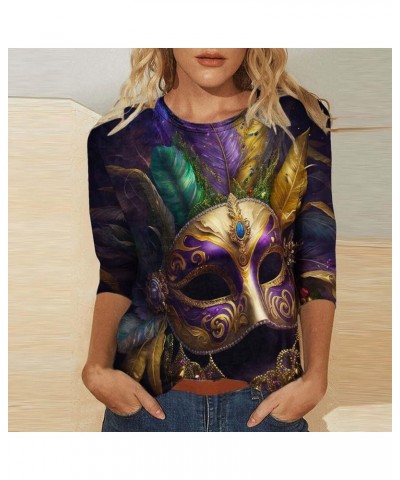 Mardi Gras Outfit Women's Carnival Glitter Print 3/4 Sleeve Crew Neck Top Trendy Tops for Women 2024 Z1-brown $8.28 Activewear