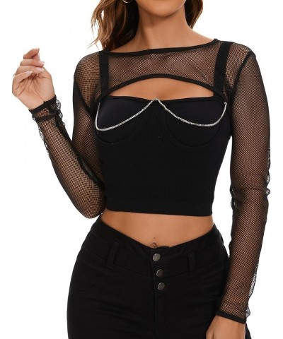 Women Mesh Crop Top Fishnet See Through Long Sleeve Shirt Sheer Blouse for Clubwear Party 01 Black $7.07 Blouses