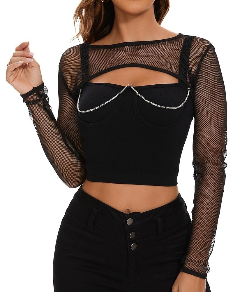 Women Mesh Crop Top Fishnet See Through Long Sleeve Shirt Sheer Blouse for Clubwear Party 01 Black $7.07 Blouses