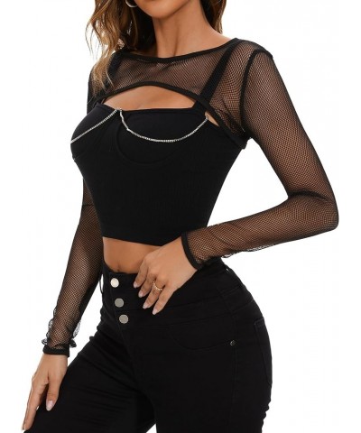 Women Mesh Crop Top Fishnet See Through Long Sleeve Shirt Sheer Blouse for Clubwear Party 01 Black $7.07 Blouses