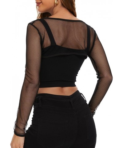 Women Mesh Crop Top Fishnet See Through Long Sleeve Shirt Sheer Blouse for Clubwear Party 01 Black $7.07 Blouses