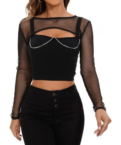 Women Mesh Crop Top Fishnet See Through Long Sleeve Shirt Sheer Blouse for Clubwear Party 01 Black $7.07 Blouses