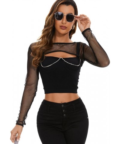 Women Mesh Crop Top Fishnet See Through Long Sleeve Shirt Sheer Blouse for Clubwear Party 01 Black $7.07 Blouses