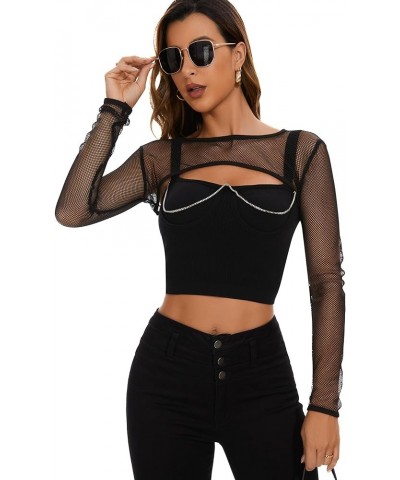 Women Mesh Crop Top Fishnet See Through Long Sleeve Shirt Sheer Blouse for Clubwear Party 01 Black $7.07 Blouses