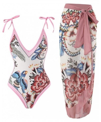 Women Swimsuits Abstract Printing Notched Square/V Neck Floral Vacation One Piece with Cover Up 3 B03 Pink Strap $22.50 Swims...