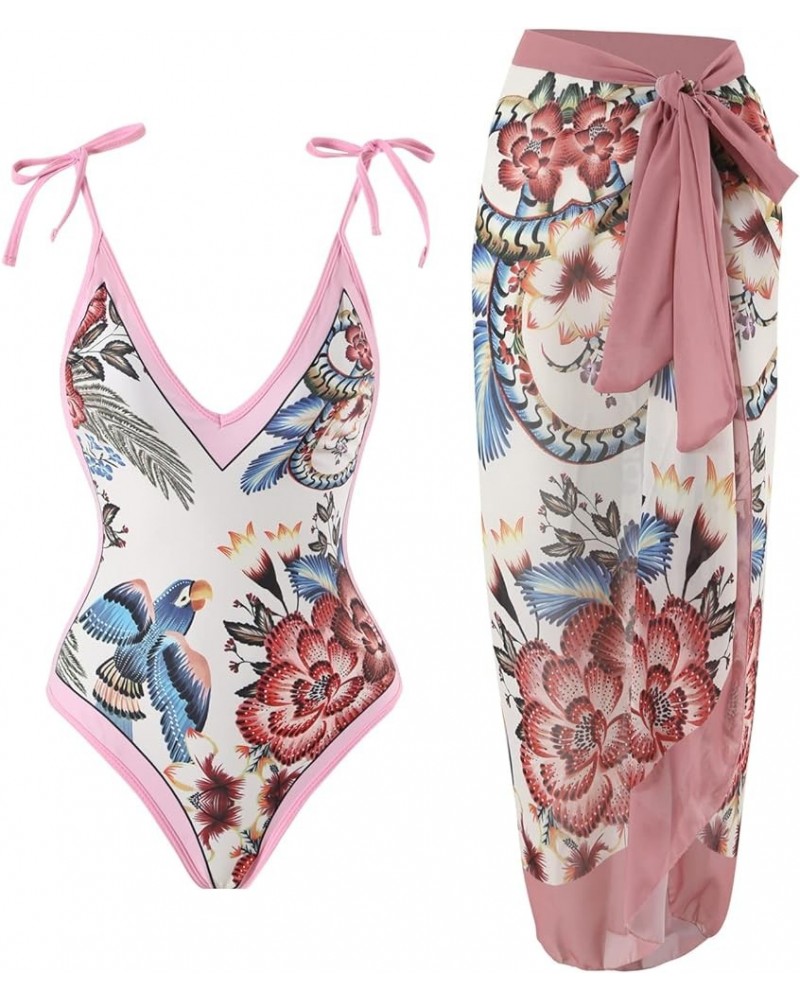 Women Swimsuits Abstract Printing Notched Square/V Neck Floral Vacation One Piece with Cover Up 3 B03 Pink Strap $22.50 Swims...