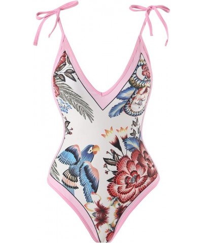 Women Swimsuits Abstract Printing Notched Square/V Neck Floral Vacation One Piece with Cover Up 3 B03 Pink Strap $22.50 Swims...