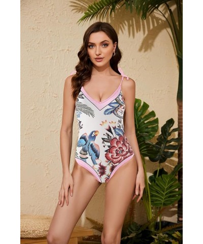 Women Swimsuits Abstract Printing Notched Square/V Neck Floral Vacation One Piece with Cover Up 3 B03 Pink Strap $22.50 Swims...