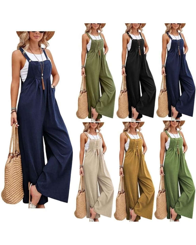 Women Spaghetti Strap Loose Sleeveless Long Pant Romper Jumpsuit Tank Tops Wide Leg with Pockets Blue $8.39 Jumpsuits