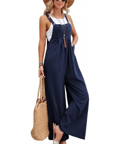 Women Spaghetti Strap Loose Sleeveless Long Pant Romper Jumpsuit Tank Tops Wide Leg with Pockets Blue $8.39 Jumpsuits