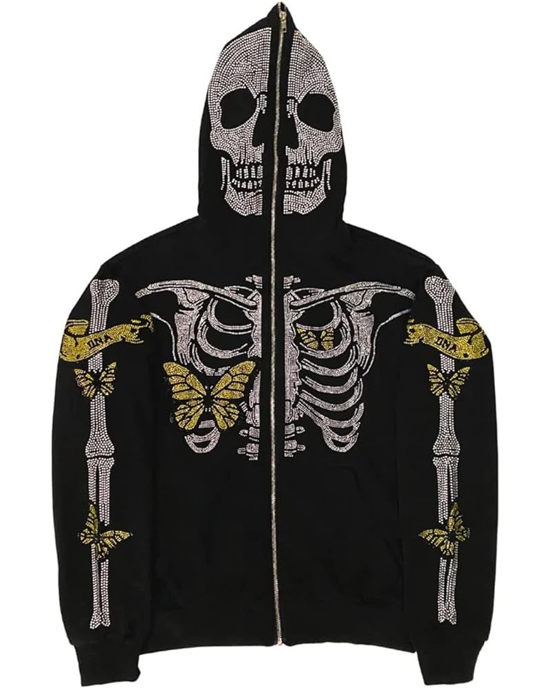 Women Y2k Rhinestone Hoodie Skull Skeleton Oversized Jacket Graphic Zip Up Hooded Sweatshirt Punk Grunge Pullover B-black and...