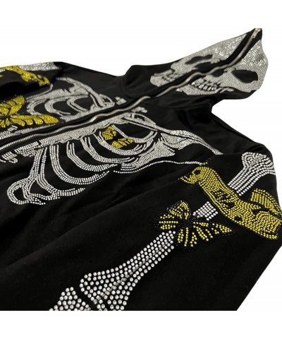 Women Y2k Rhinestone Hoodie Skull Skeleton Oversized Jacket Graphic Zip Up Hooded Sweatshirt Punk Grunge Pullover B-black and...