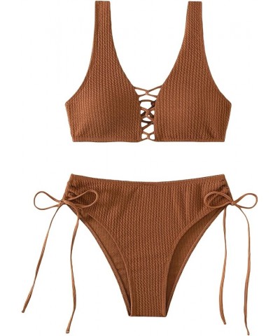 Women's 2 Piece Bathing Suits Textured High Waisted Bikini Set Plain Swimsuit A Brown $17.40 Swimsuits