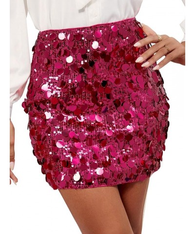 Women's Sequin High Waist Bodycon Skirt Stretch Cocktail Party Skirts Hot Pink $18.24 Skirts