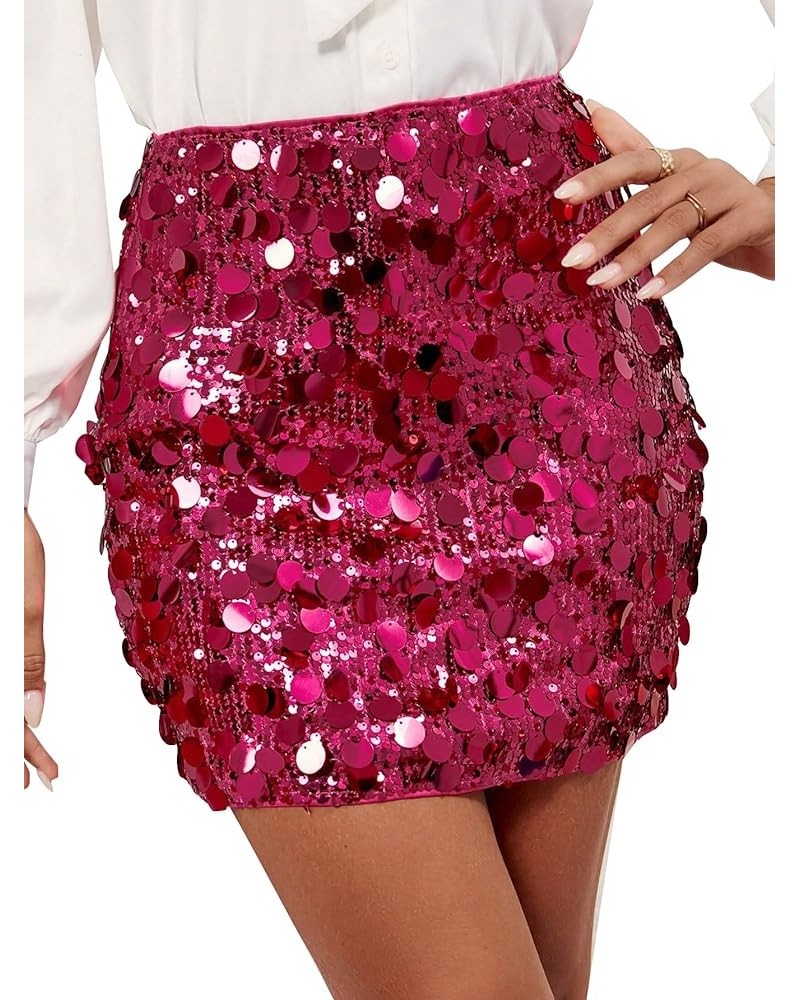 Women's Sequin High Waist Bodycon Skirt Stretch Cocktail Party Skirts Hot Pink $18.24 Skirts