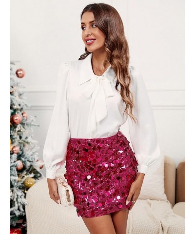 Women's Sequin High Waist Bodycon Skirt Stretch Cocktail Party Skirts Hot Pink $18.24 Skirts