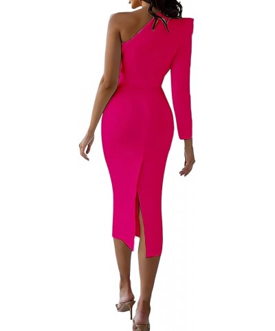 Women's One Shoulder Split Back Long Sleeve Belted Bodycon Elegant Midi Dress Rose $20.90 Dresses