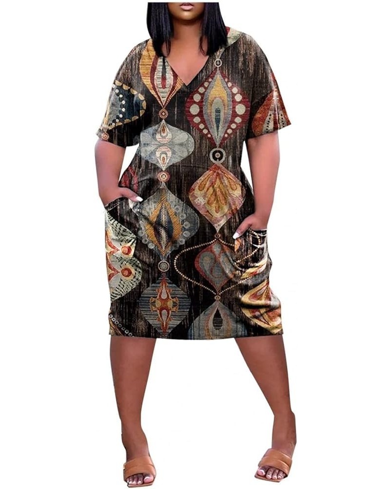 Womens Spring Fashion 2023 Dresses, Women's Summer Plus Size V-Neck Short Sleeve Knee Pocket Printed Casual Dress 9-brown $14...