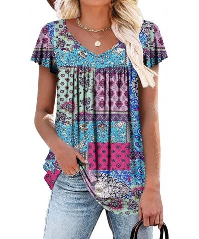 Womens Ruffle Sleeve Summer Tunic Tops V Neck Loose Fit Short Sleeve T Shirts A-ruffle Sleeve Bright Blue $16.00 Tops