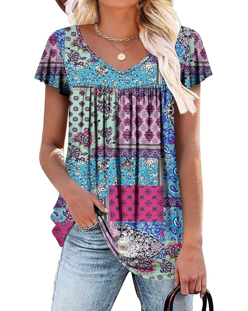 Womens Ruffle Sleeve Summer Tunic Tops V Neck Loose Fit Short Sleeve T Shirts A-ruffle Sleeve Bright Blue $16.00 Tops