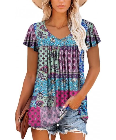 Womens Ruffle Sleeve Summer Tunic Tops V Neck Loose Fit Short Sleeve T Shirts A-ruffle Sleeve Bright Blue $16.00 Tops