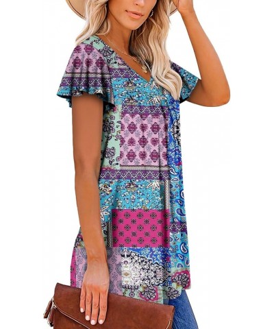 Womens Ruffle Sleeve Summer Tunic Tops V Neck Loose Fit Short Sleeve T Shirts A-ruffle Sleeve Bright Blue $16.00 Tops