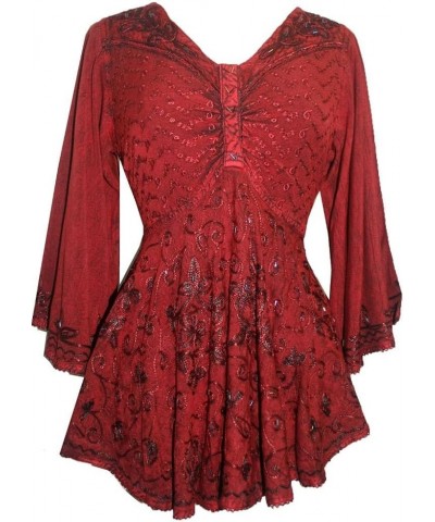 Women's Full Sleeve V Neck Embroidered Beaded Asymmetrical Flair Tunic Blouse Burgundy $37.77 Blouses