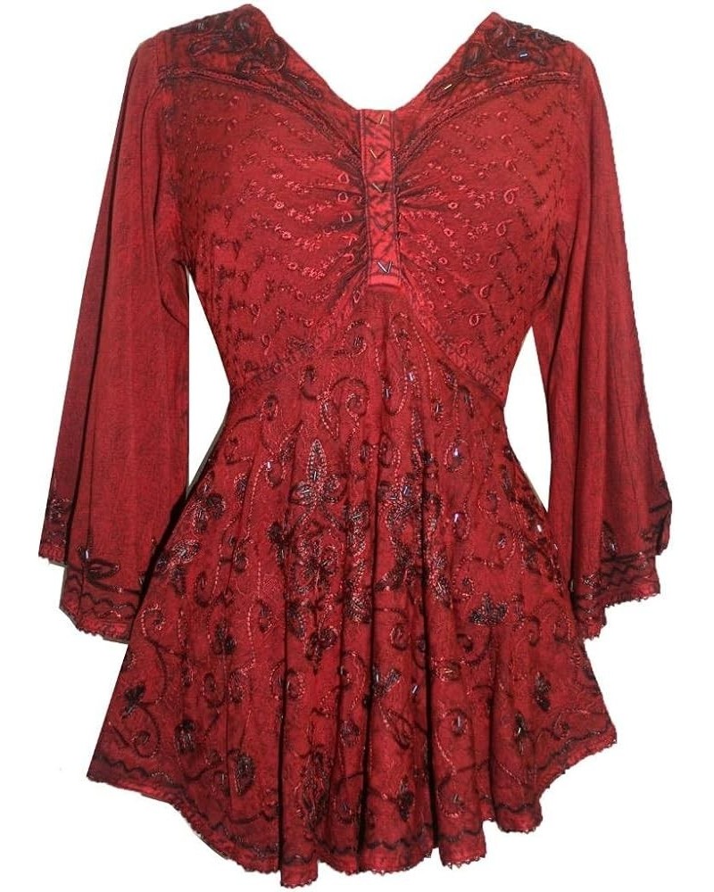 Women's Full Sleeve V Neck Embroidered Beaded Asymmetrical Flair Tunic Blouse Burgundy $37.77 Blouses