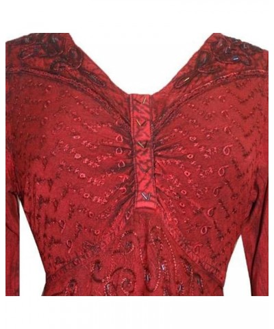 Women's Full Sleeve V Neck Embroidered Beaded Asymmetrical Flair Tunic Blouse Burgundy $37.77 Blouses