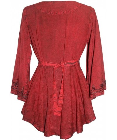 Women's Full Sleeve V Neck Embroidered Beaded Asymmetrical Flair Tunic Blouse Burgundy $37.77 Blouses