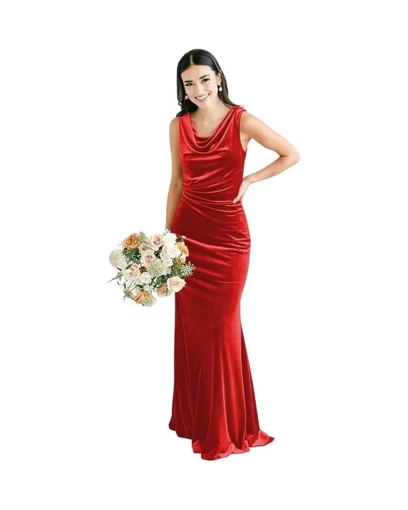 One Shoulder Velvet Bridesmaid Dresses with Slit for Women Long Sleeves Ruched Formal Party Gowns PU073 B-red $32.40 Dresses