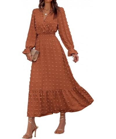 Women Fall Dresses 2023 Long Sleeve V Neck Swiss Dots Maxi Dress Boho Long Dress High Waisted A-Line Ruffle Dress Solid Orang...