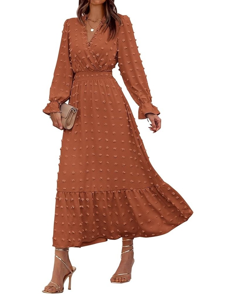 Women Fall Dresses 2023 Long Sleeve V Neck Swiss Dots Maxi Dress Boho Long Dress High Waisted A-Line Ruffle Dress Solid Orang...