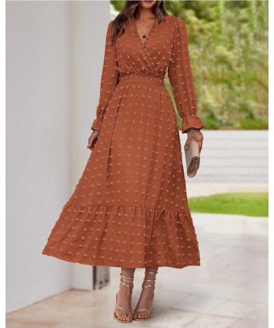 Women Fall Dresses 2023 Long Sleeve V Neck Swiss Dots Maxi Dress Boho Long Dress High Waisted A-Line Ruffle Dress Solid Orang...