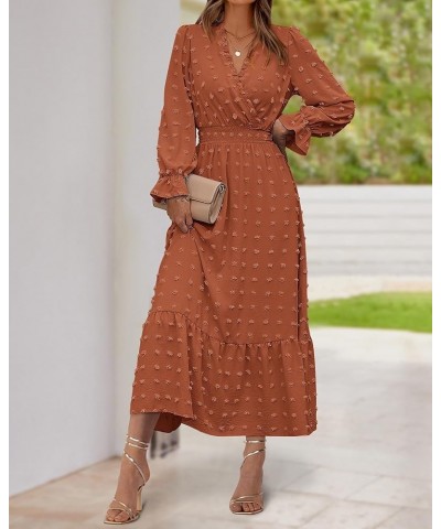 Women Fall Dresses 2023 Long Sleeve V Neck Swiss Dots Maxi Dress Boho Long Dress High Waisted A-Line Ruffle Dress Solid Orang...