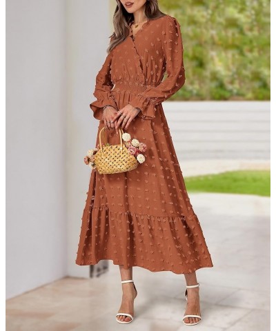 Women Fall Dresses 2023 Long Sleeve V Neck Swiss Dots Maxi Dress Boho Long Dress High Waisted A-Line Ruffle Dress Solid Orang...