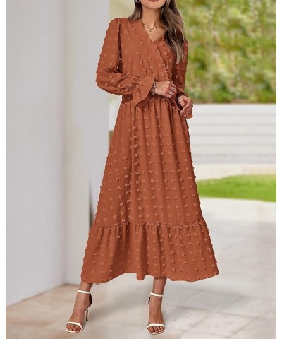 Women Fall Dresses 2023 Long Sleeve V Neck Swiss Dots Maxi Dress Boho Long Dress High Waisted A-Line Ruffle Dress Solid Orang...