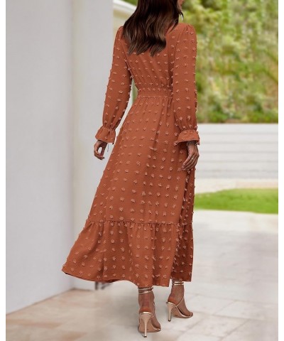 Women Fall Dresses 2023 Long Sleeve V Neck Swiss Dots Maxi Dress Boho Long Dress High Waisted A-Line Ruffle Dress Solid Orang...