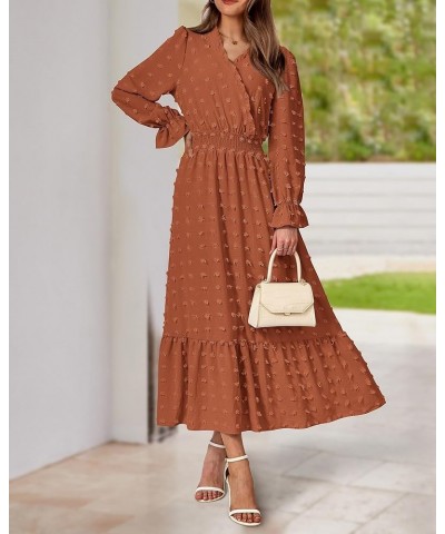 Women Fall Dresses 2023 Long Sleeve V Neck Swiss Dots Maxi Dress Boho Long Dress High Waisted A-Line Ruffle Dress Solid Orang...