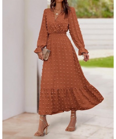 Women Fall Dresses 2023 Long Sleeve V Neck Swiss Dots Maxi Dress Boho Long Dress High Waisted A-Line Ruffle Dress Solid Orang...